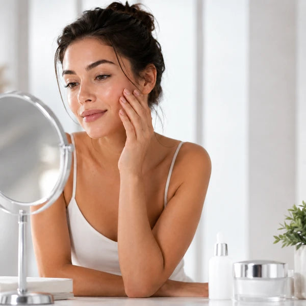 Woman assessing her skin needs