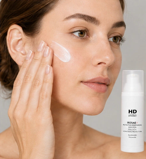 Woman gently applying ROSAE moisturizer to her face