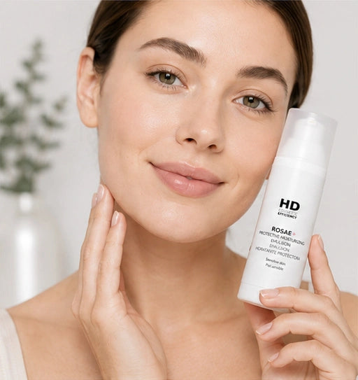 Woman holding ROSAE moisturizer beside calm, hydrated-looking skin